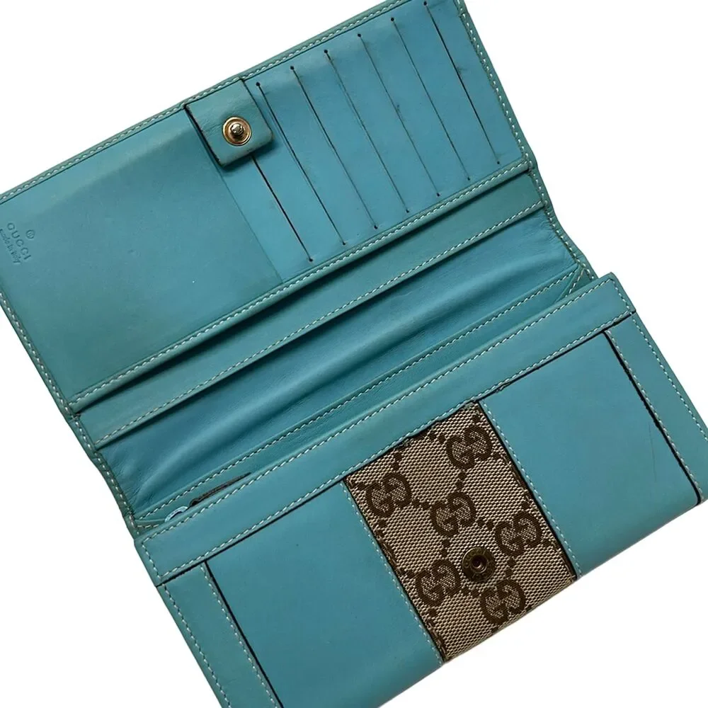 Gucci GG Long Wallet 120926 Light Blue Beige Dark Brown Leather Jacquard